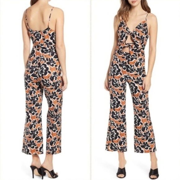 Leith Pants - ☀️Leith Linen Stretch Blend Floral Tie Cutout Flared Jumpsuit Tan/White/Black M